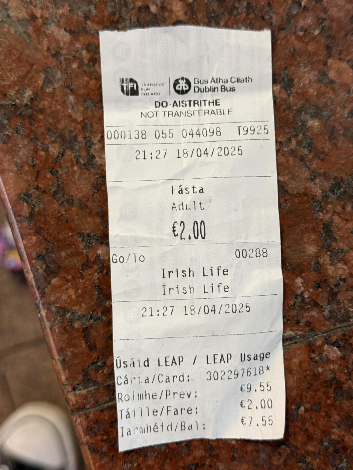 アイルランド人はどこにでも行きます。上海の公園のベンチに座って、私の隣の床にダブリンのバスのチケットがありました！