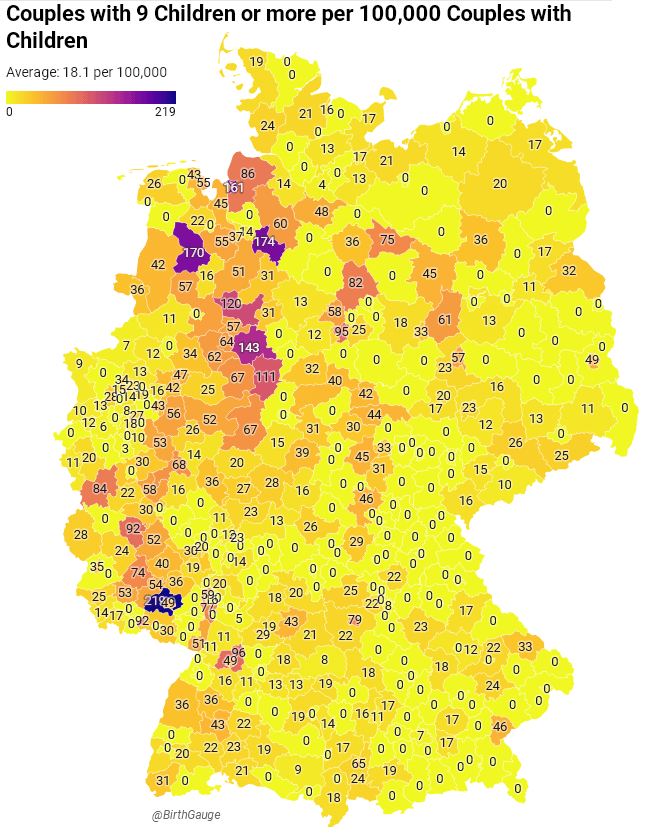 ドイツ地区の100,000カップルあたり9人以上の子供を持つカップル