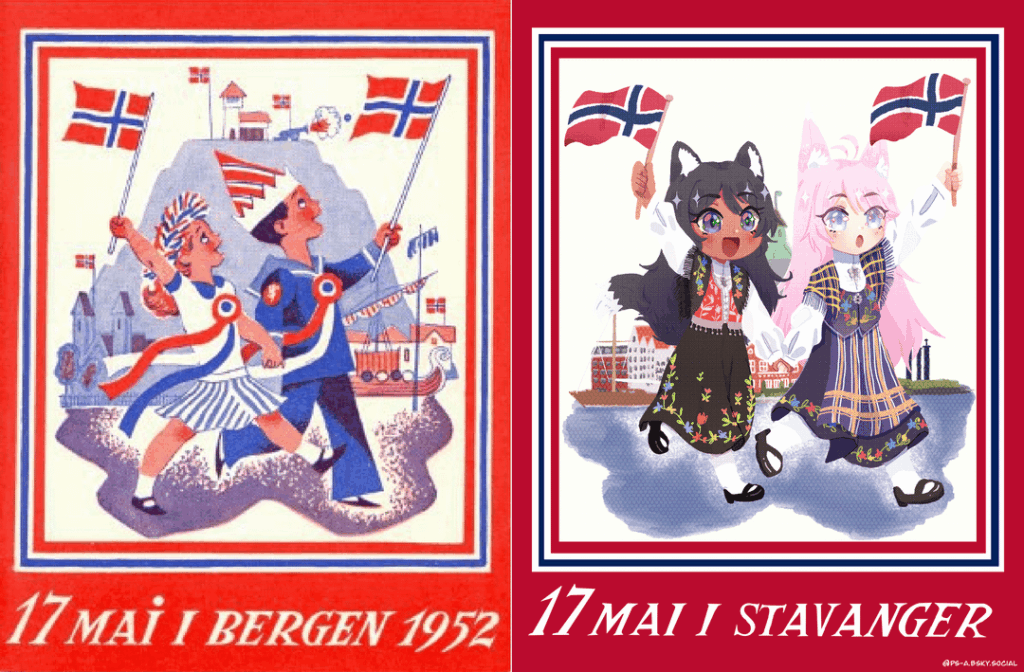 これは少し異端かもしれませんが、私は1952年から私と私のパートナーのキャラクターとそれぞれのバナドでこのポストカードを再描画するように漫画スタイルのアーティストに依頼しました。私たちがどこから来たのか教えてもらえますか？