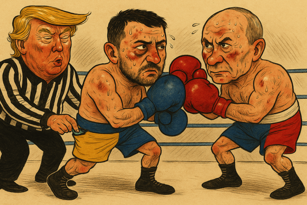 [AI-generated] 「公正なアービター。」トランプの政治的漫画は、ウクライナにロシアの侵略に対する軍事支援の条件として不公平な鉱物取引に署名することを強制します。