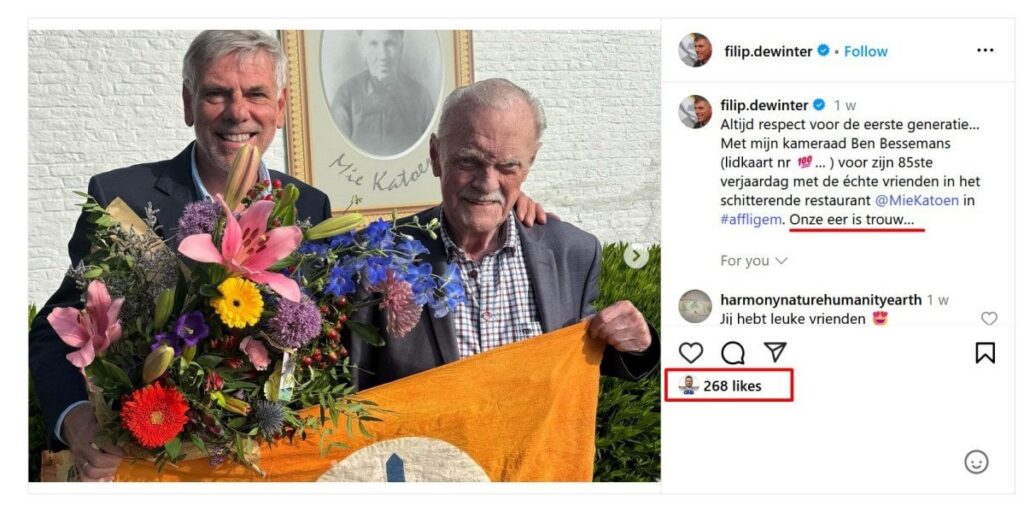「私たちの名誉は忠実です」：Filip DeWinter（VB）はSSの呪文を引用し、コラボレーションフラグでポーズをとる