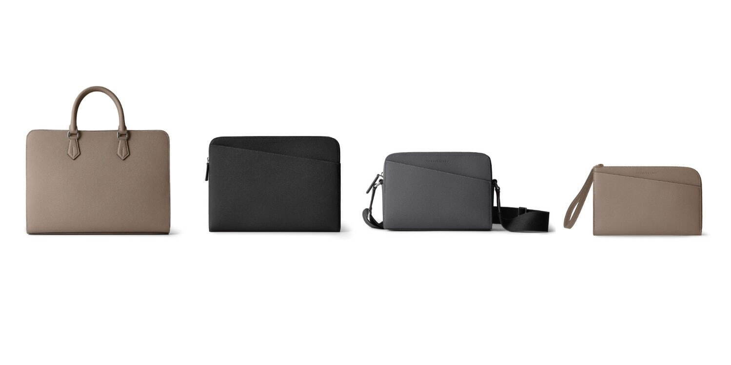 左から)ジョルジョ スリムブリーフケース 275,000円、リッキー PCケース 99,000円
カルロ ショルダーバッグ 121,000円、フェリックス クラッチバッグ スモール 77,000円