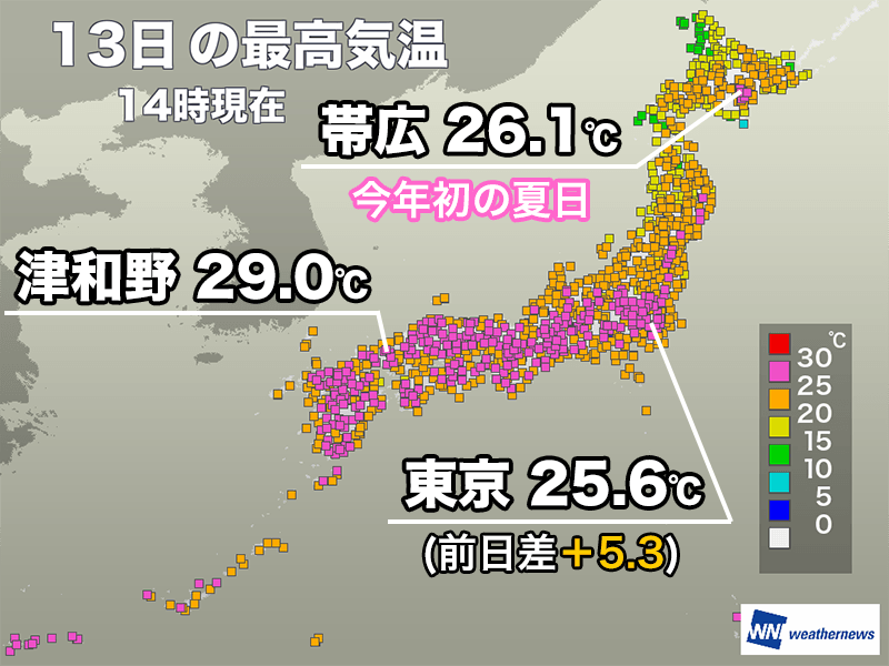 関東や東北は昨日より大幅気温上昇 北海道も一部で25℃以上の夏日
