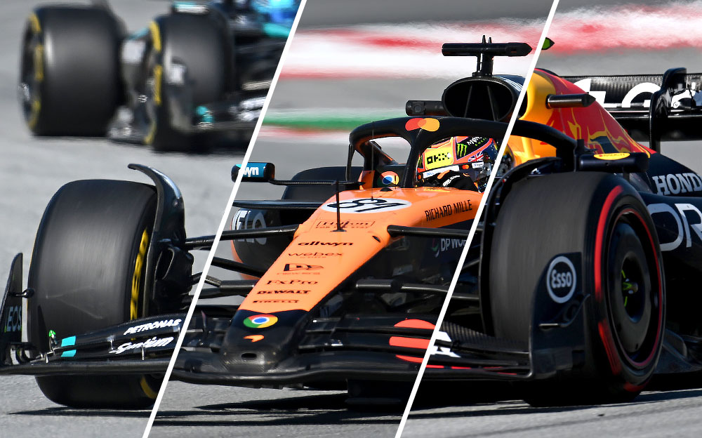 カタロニア・サーキットを走行するメルセデスW16、マクラーレンMCL39、レッドブルRB21、2025年5月30日(金) F1スペインGPフリー走行2