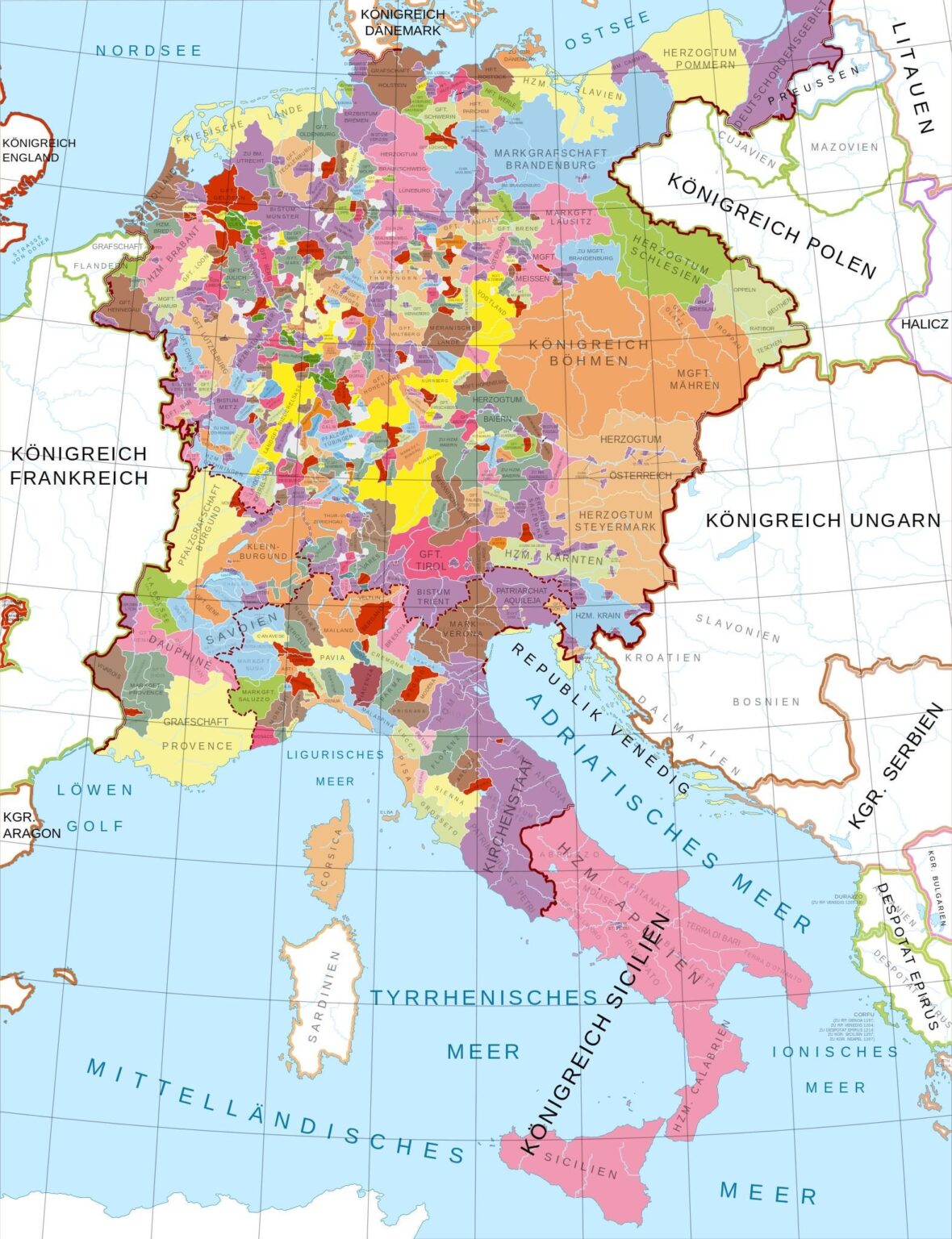 12世紀の領土ピークにある聖なるローマ帝国の地図