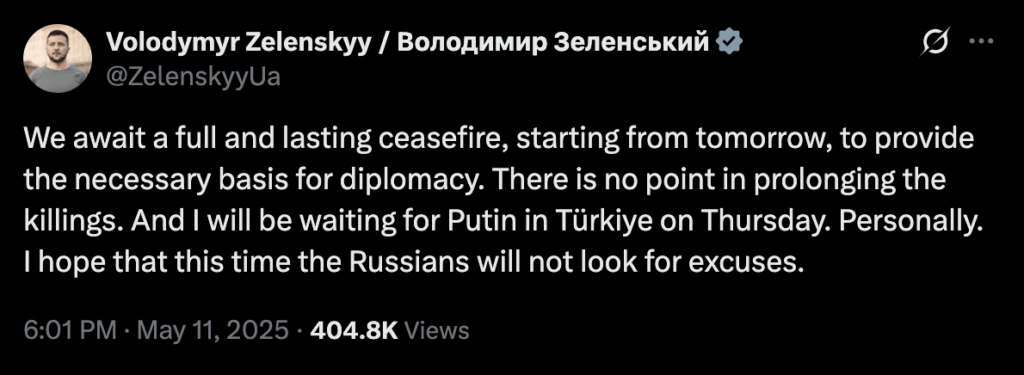 Zelenskyは、完全で永続的な停戦が明日から始まるかもしれないと言い、彼は個人的に木曜日にTürkiyeでプーチンを待っていると言います