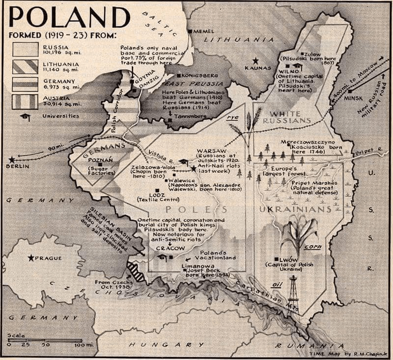 アメリカの雑誌「アメリカンタイム」のポーランドの地図、1939年。
