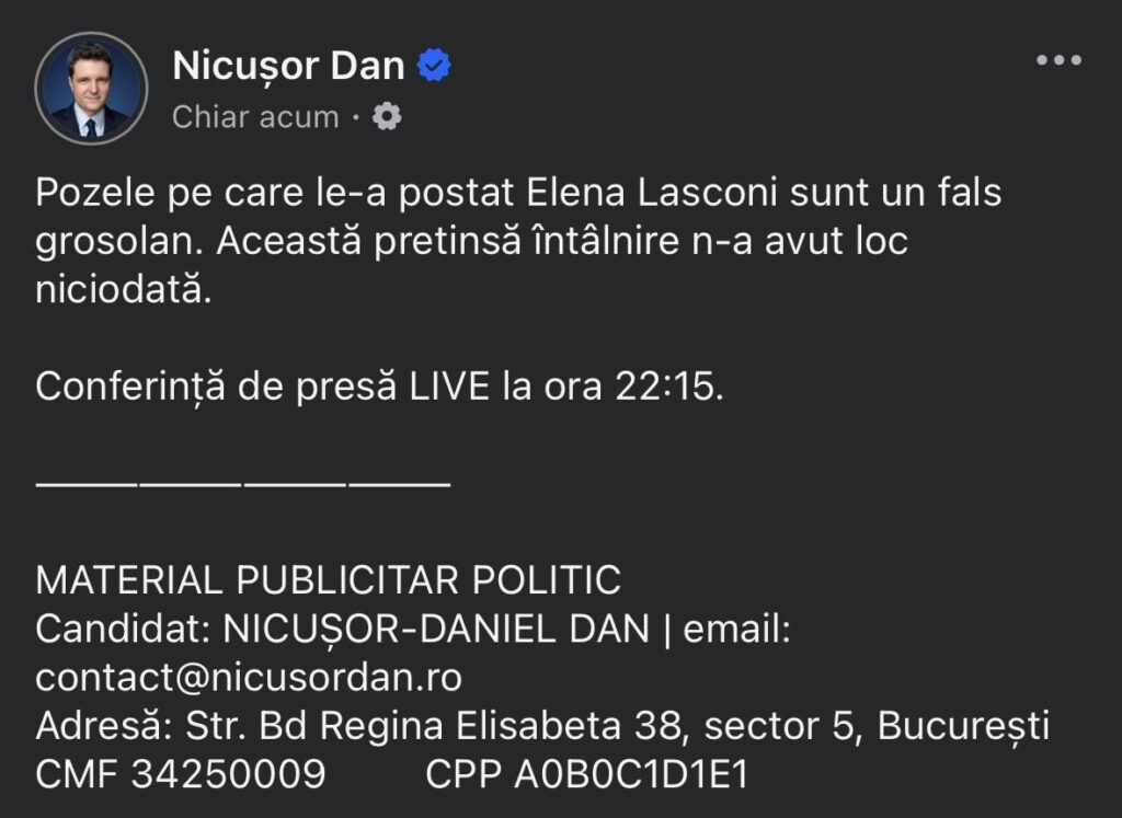 Nicușor Dan：Elena Lasconiが投稿した写真はひどい偽です。