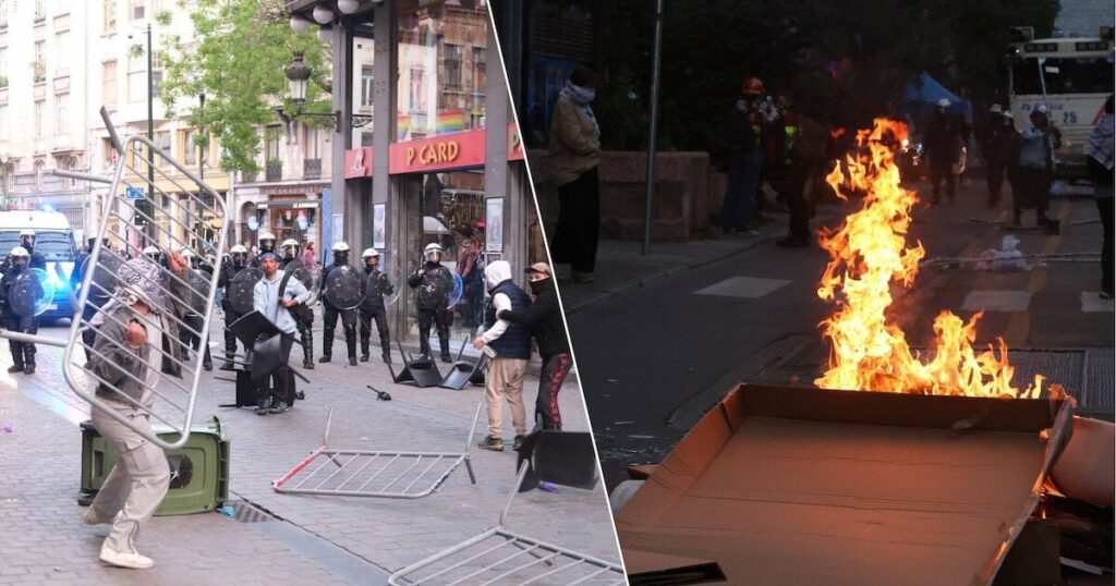 暴徒は火災を設定し、ブリュッセルで警察を剥がし、催涙ガスでサービスを注文する