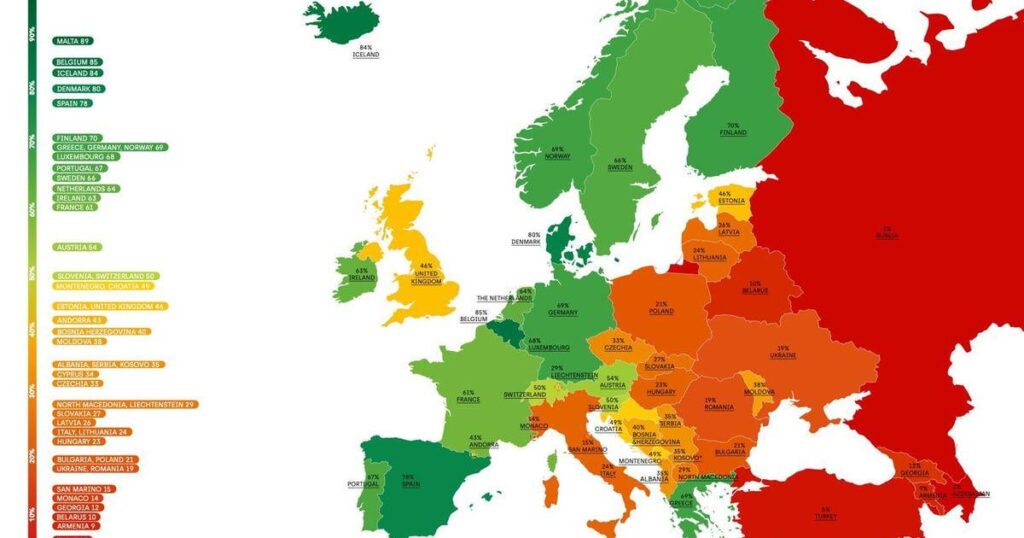 LGBTQIA+権利のイタリアEUテールライト、レインボーヨーロッパマップデータ