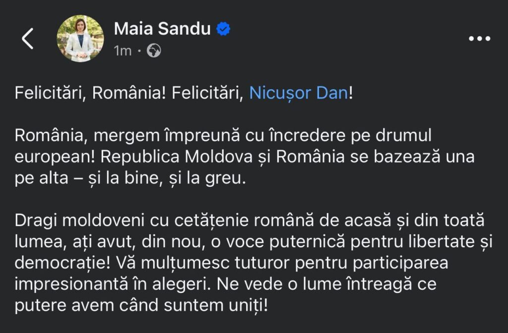 マイア・サンドゥはニコア・ダンを祝福します！ 🇷🇴🇲🇩