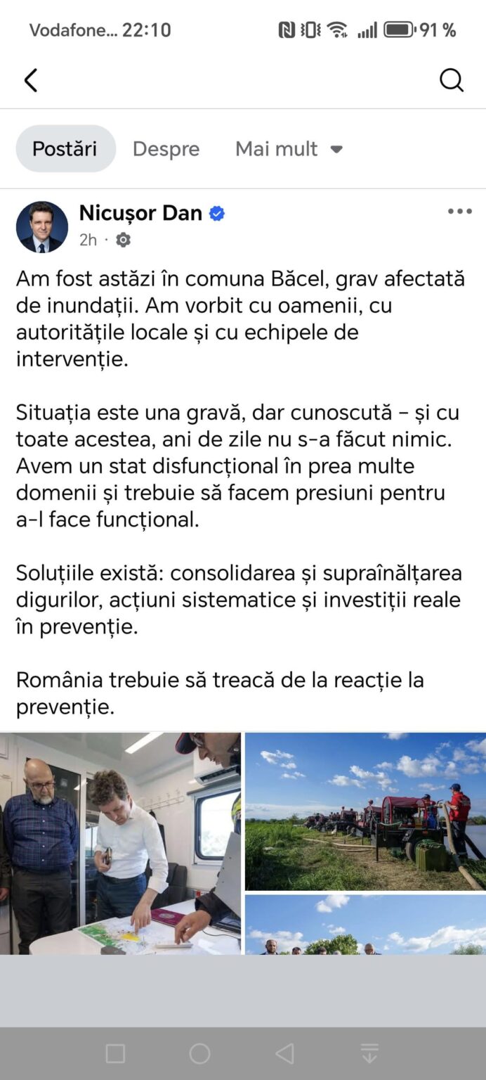 Bacel CommuneでのVitizaの後のNicușordanのメッセージ