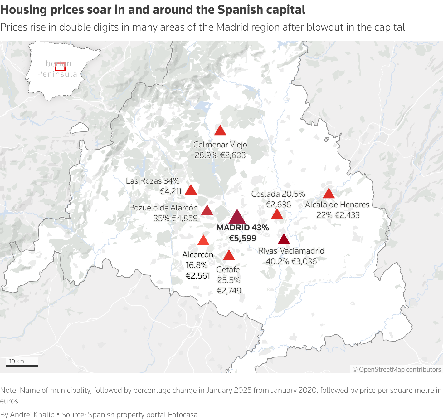 Map shows how housing prices increased in the past five years in and around Madrid, Spain