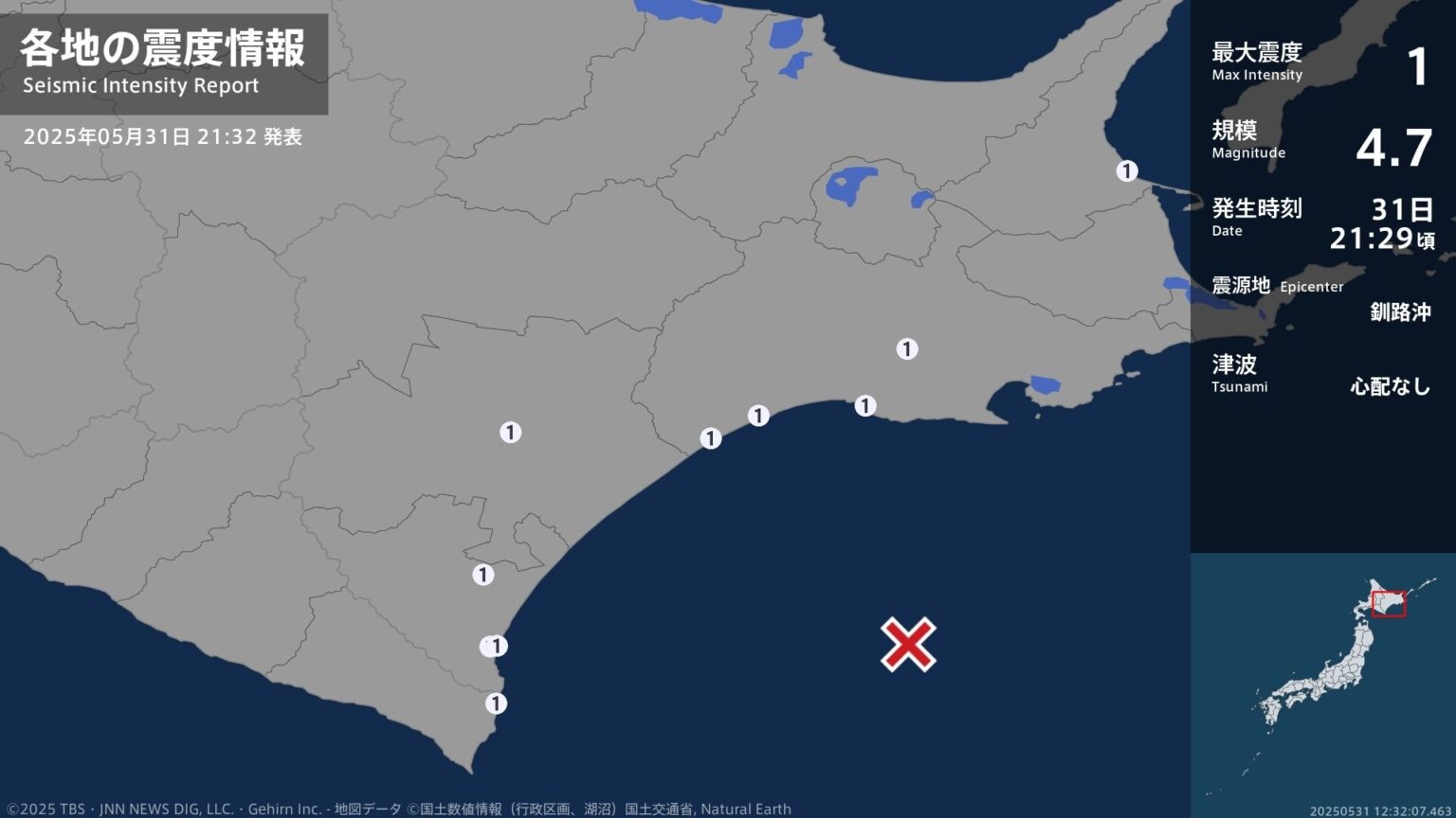 北海道で最大震度1の地震　北海道・えりも町、幕別町、十勝大樹町、広尾町、釧路市、標茶町、白糠町、標津町（TBS NEWS DIG Powered by JNN）