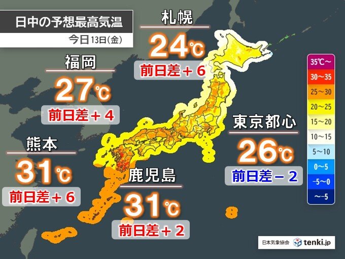 今日13日 九州や北海道で昨日より気温大幅に上昇 九州は30℃超で蒸し暑さアップ（tenki.jp） - Yahoo!ニュース - Yahoo!ニュース