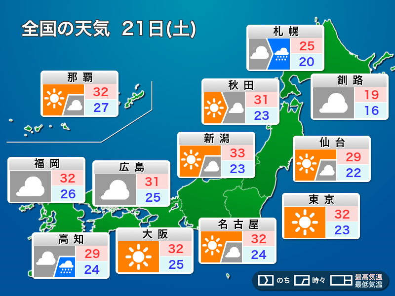 明日6月21日(土)の天気予報 関東から近畿は夏至の強い日差し 北海道は次第に雨 - ウェザーニュース