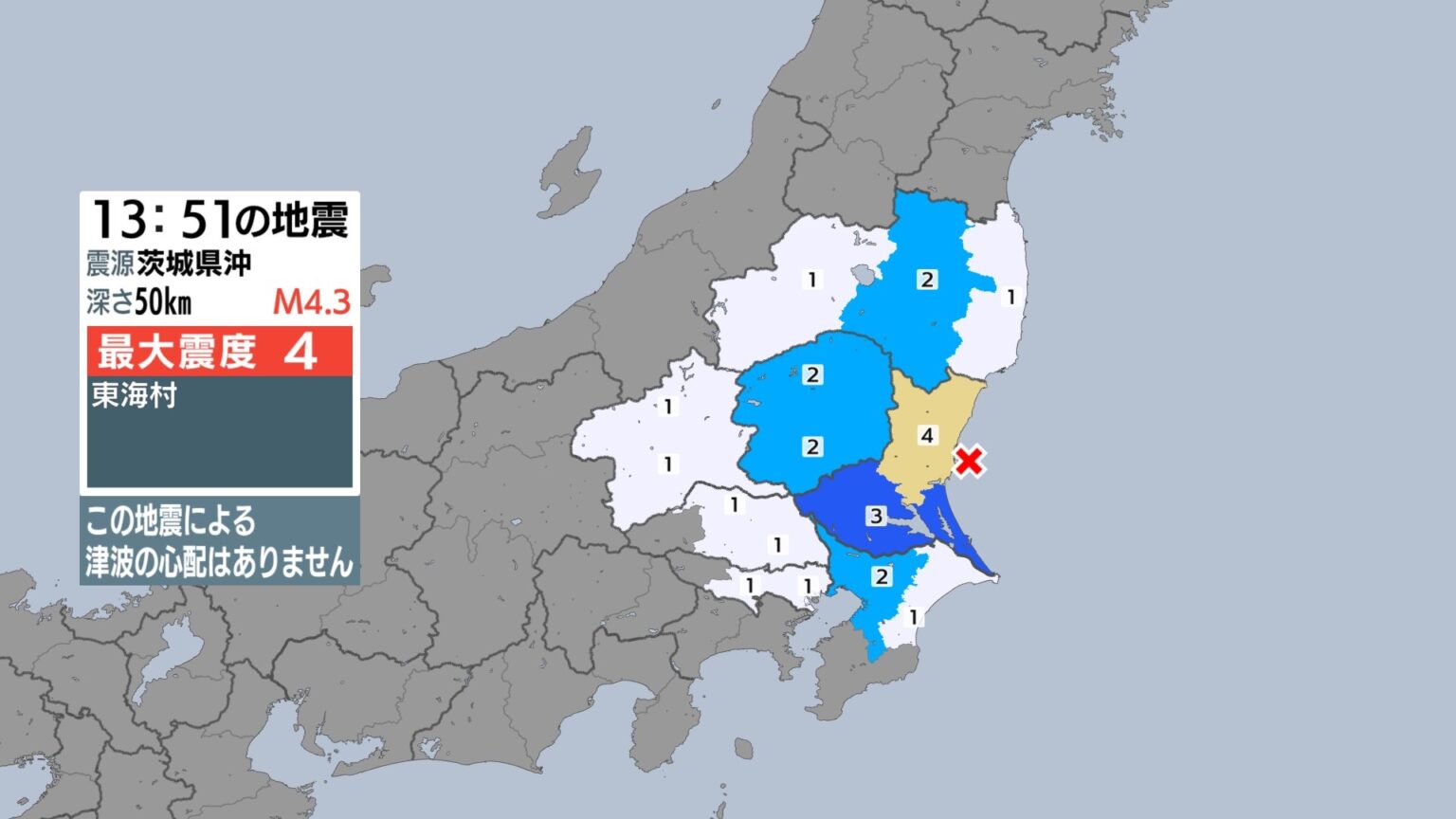 茨城・東海村で震度4 東京 千葉 埼玉などでも揺れ 茨城県沖が震源 マグニチュードは4.3の地震 津波の心配なし【地震情報】（静岡放送（SBS））