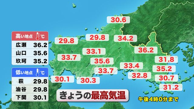 広瀬で36.2℃…連日の6月の史上最高気温更新続出！【29日(日) 山口県の最高気温】（ＫＲＹ山口放送） - Yahoo!ニュース - Yahoo!ニュース