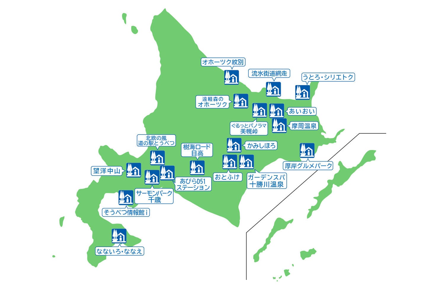 今年度各部門のトップ3にランクインした道の駅の位置図