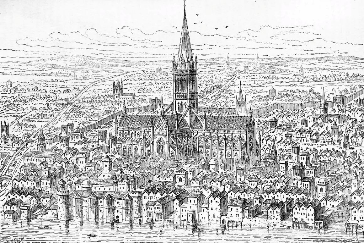 １５４０年当時の旧セントポール大聖堂周辺を描いたイラスト。フォード殺害から約２世紀が経過している/World History Archive/Alamy Stock Photo