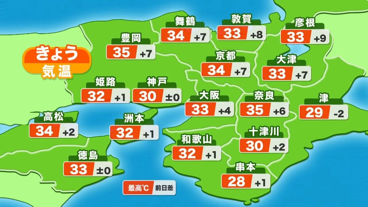 【速報】16日（月）は大阪府内でも今年初の猛暑日予想　和歌山県では今年初「熱中症警戒アラート」も