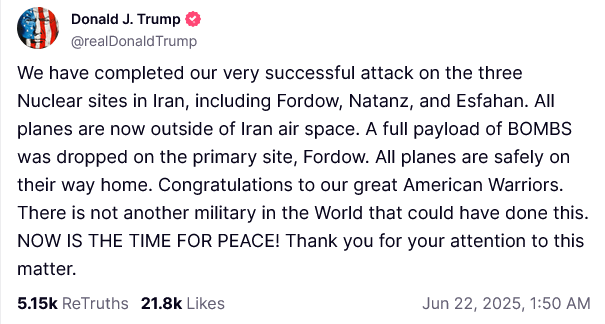 トランプは、米国がフォルトー、ナタンツ、イスファハンを襲ったと発表しました