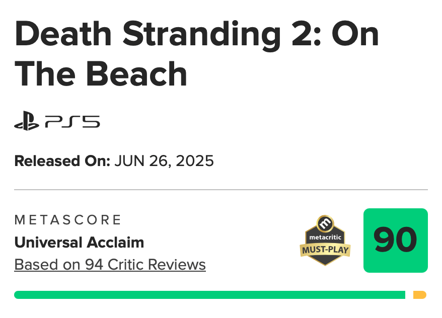 Death Stranding 2のレビューは、屋外-90/100メタリティックで90/100です。あなたは遊ぶつもりですか？