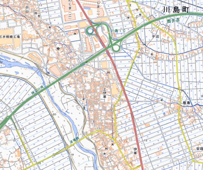川島町上伊草の位置（地図の中心付近）＝国土地理院HPから