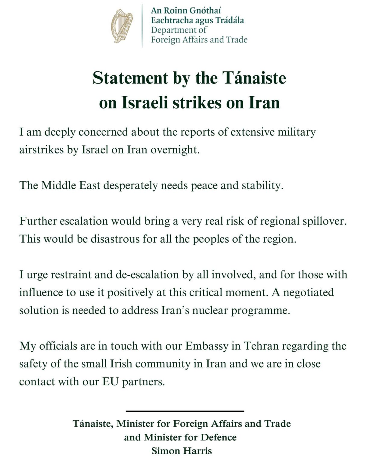 イスラエルがイランに対する攻撃に関するサイモン・ハリスの声明