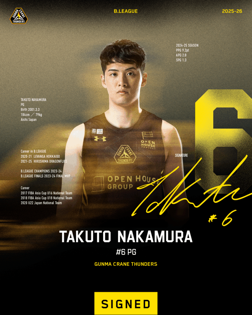 中村拓人 選手 2025-26シーズン 選手契約(新規)合意のお知らせ | 群馬クレインサンダーズ