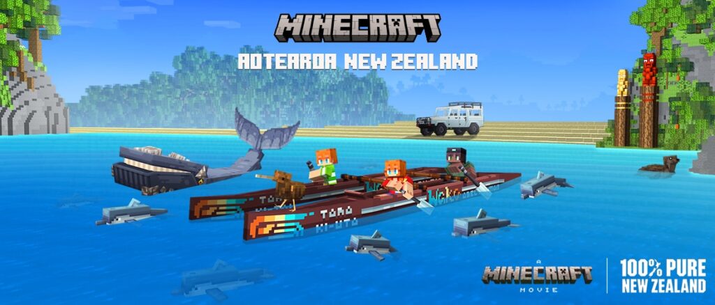 An in-game image of three Minecraft characters paddling two wakas (a type of canoe) in the bright blue waters of Abel Tasman National Park. A kiwi bird is perched on the front of the foremost waka. Beside and near the wakas, we see a whale, several dolphins, and two seals. A white four-wheel drive vehicle is visible on the beach in the distant background. The Minecraft logo sits at the top of the image, with the name of the DLC, "Aotearoa New Zealand," underneath. To the bottom right, we see the "A Minecraft Movie" and "100% Pure New Zealand" logos.