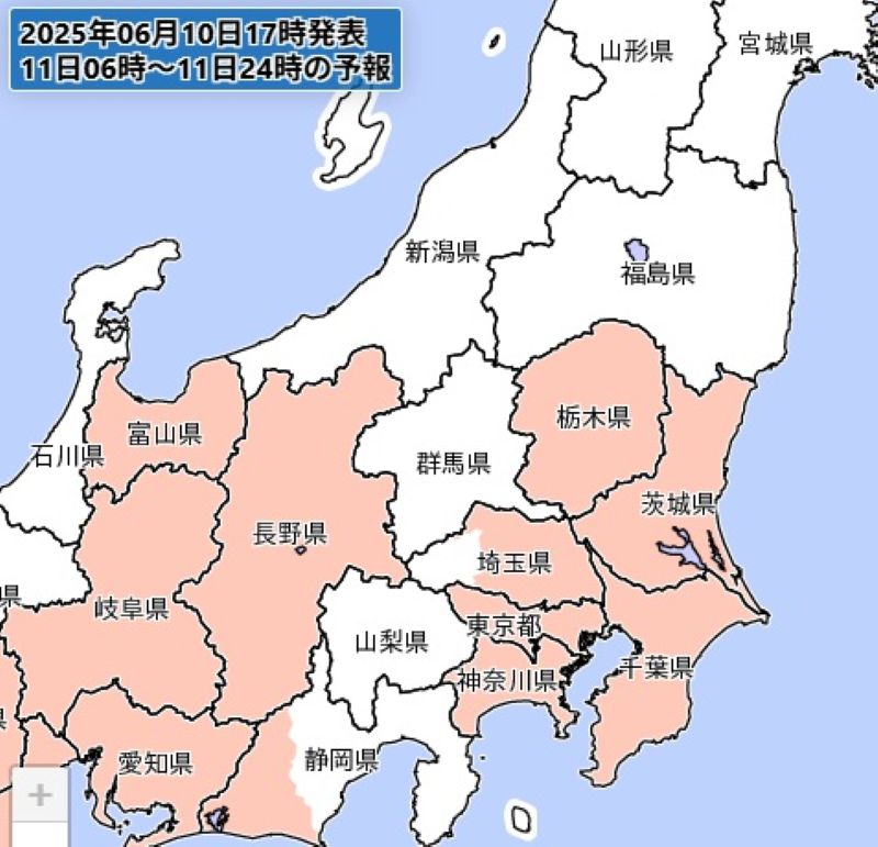 大雨の早期注意情報が出ているエリア（11日午前6時から午後12時の予報、気象庁HPから）