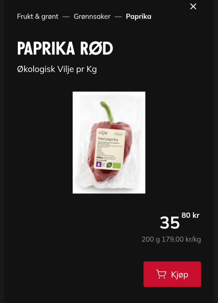 「それは1つのパプリカです、マイケル。どれくらいの費用がかかりますか、179 kr/kg？」