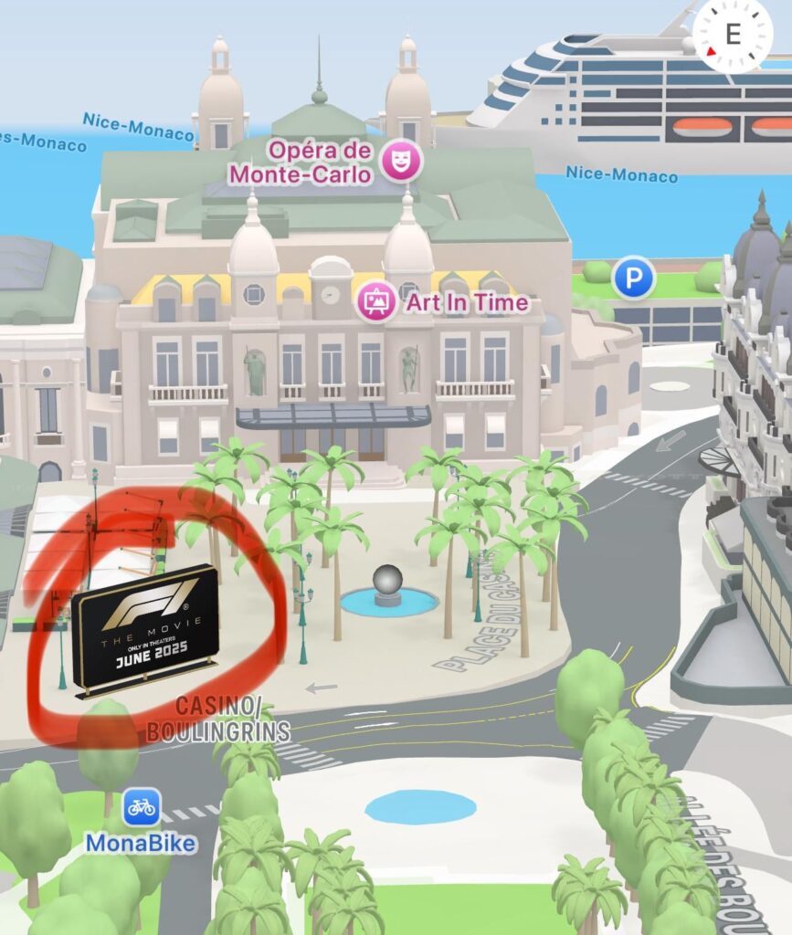 興味深い事実：Appleマップは、カジノの近くのF1映画のかわいい小さな広告を表示します