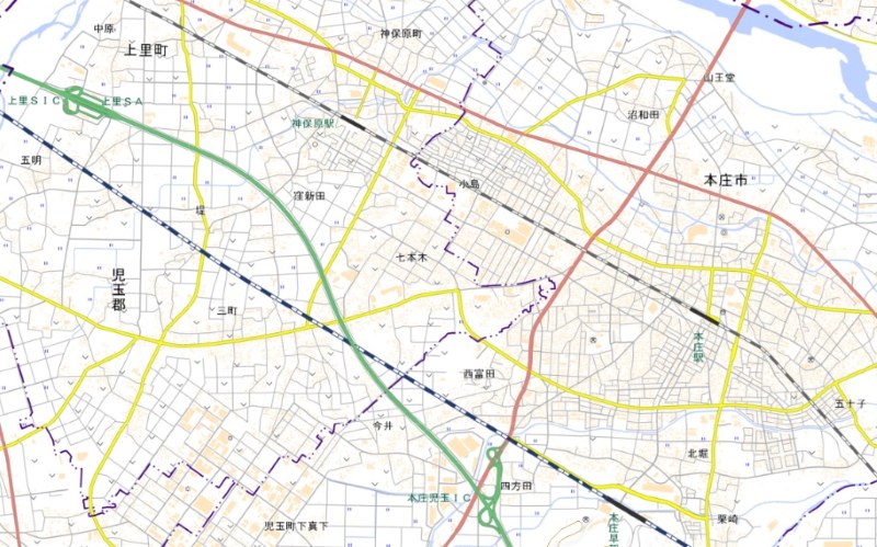 上里町七本木の位置（地図の中心付近）＝国土地理院HPから