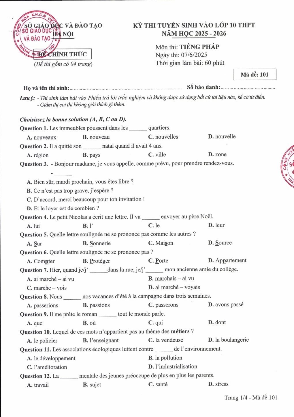 Đáp án chính thức môn tiếng Pháp, Đức, Hàn, Nhật thi vào lớp 10 Hà Nội - 1