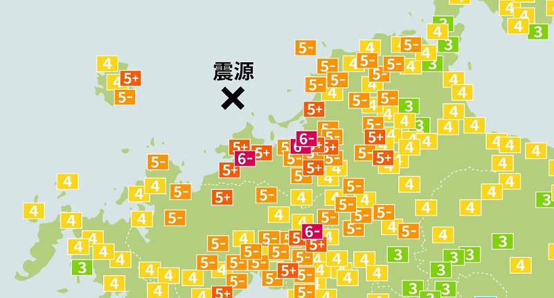 福岡県西方沖地震よる福岡市各地の震度を表した画像