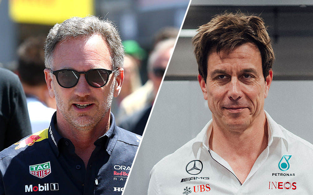 レッドブル・レーシングのクリスチャン・ホーナー代表（2025年F1モナコGP）とメルセデスのトト・ウォルフ代表（2023年F1ブラジルGP）