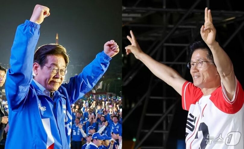 6月2日夜、ソウルの汝矣島公園で最後の遊説に臨むイ・ジェミョン（李在明）候補（左）とキム・ムンス（金文洙）候補(c)news1