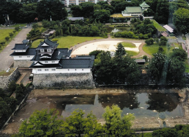 富山城のお堀の水 抜いちゃったら　白いサギ？群れ参上
