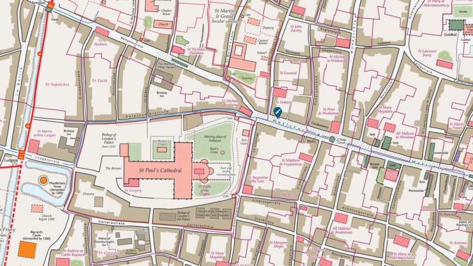 アイズナー氏の率いる「中世殺人マップ」プロジェクトが作成した１４世紀のロンドンの地図。フォードの殺害現場も地図中に含まれている/Medieval Murder Maps/University of Cambridge Institute of Criminology/Historic Towns Trust