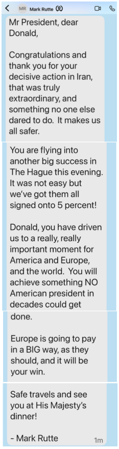 トランプがNATOトップのためにオランダに到着する前に、マーク・ラッテのSMSからドナルド・トランプへ。