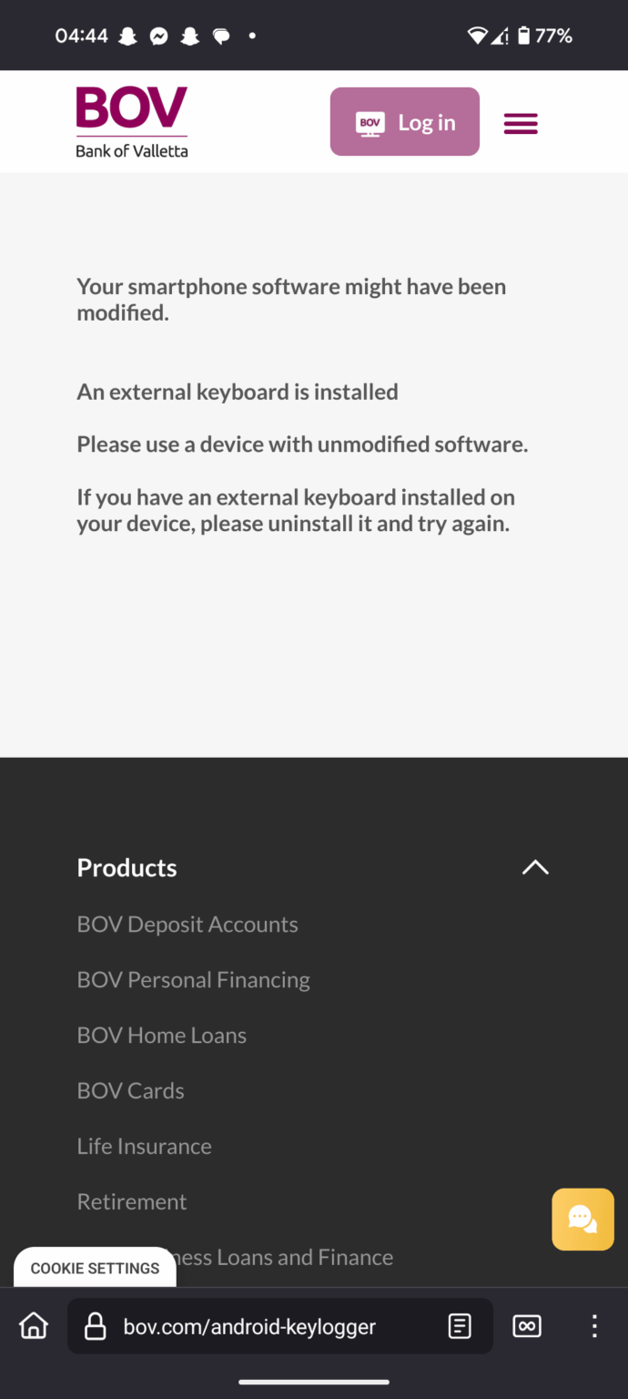 BOVアプリは、サードパーティのキーボードソフトウェアを使用している場合、ログインすることはできません。