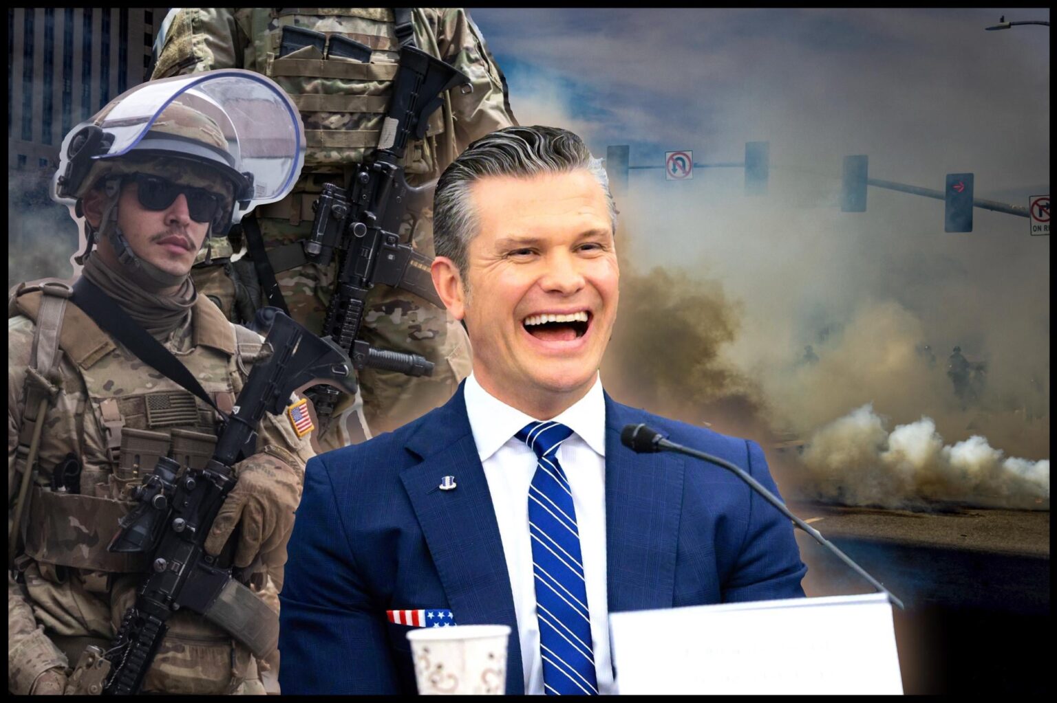 上院議員が抗議者に対して「致命的な力」を使用するよう軍人に命じるように彼を押し付けるように彼を押した後、ヘグステスは笑います