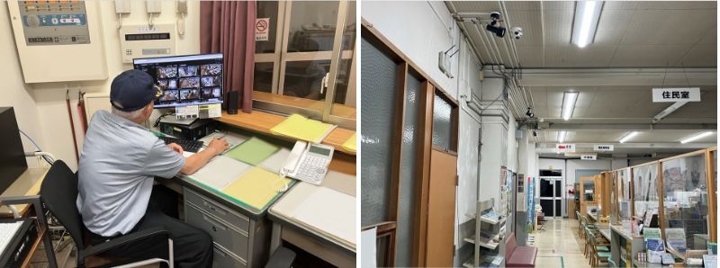 海山総合支所にてシステムを操作する役場職員の様子（左）と受付付近の天井へ設置されたカメラ（右）