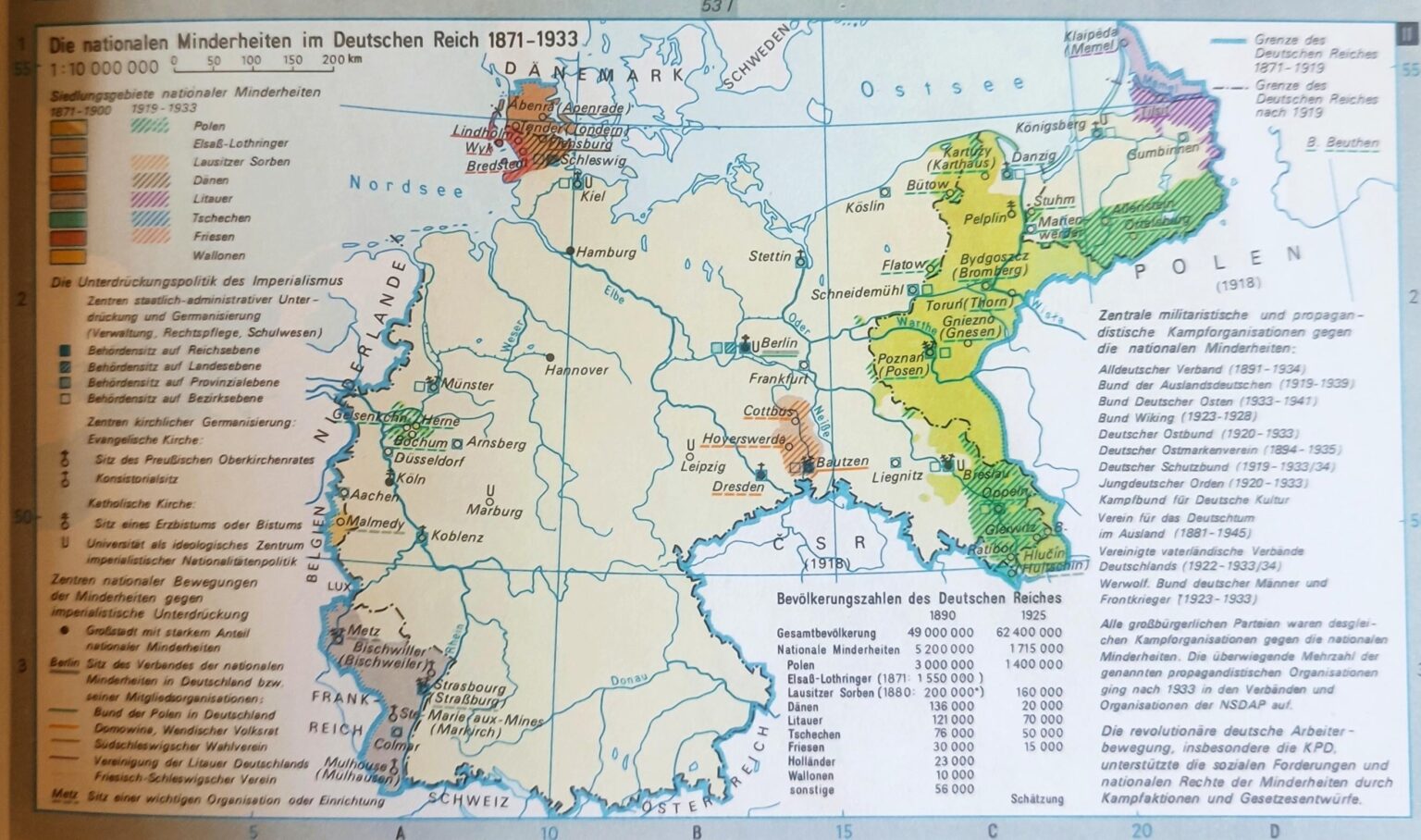 東ドイツのアトラスからのドイツ帝国の興味深い民族地図。戦争後にポーランドに譲られる領土は、圧倒的なポーランドの過半数を持っていることが示されています