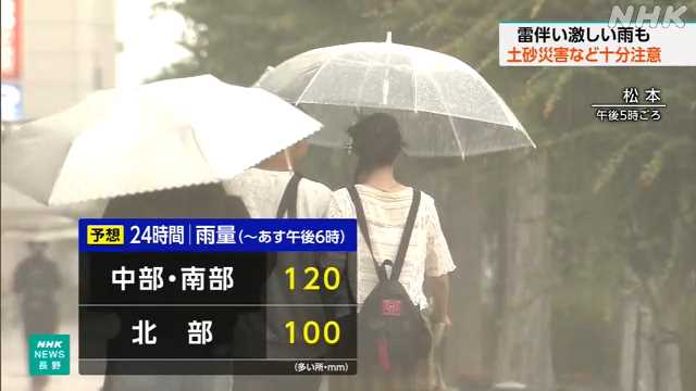 長野 夜初めごろにかけ激しい雨 土砂災害や浸水に十分注意 - nhk.or.jp