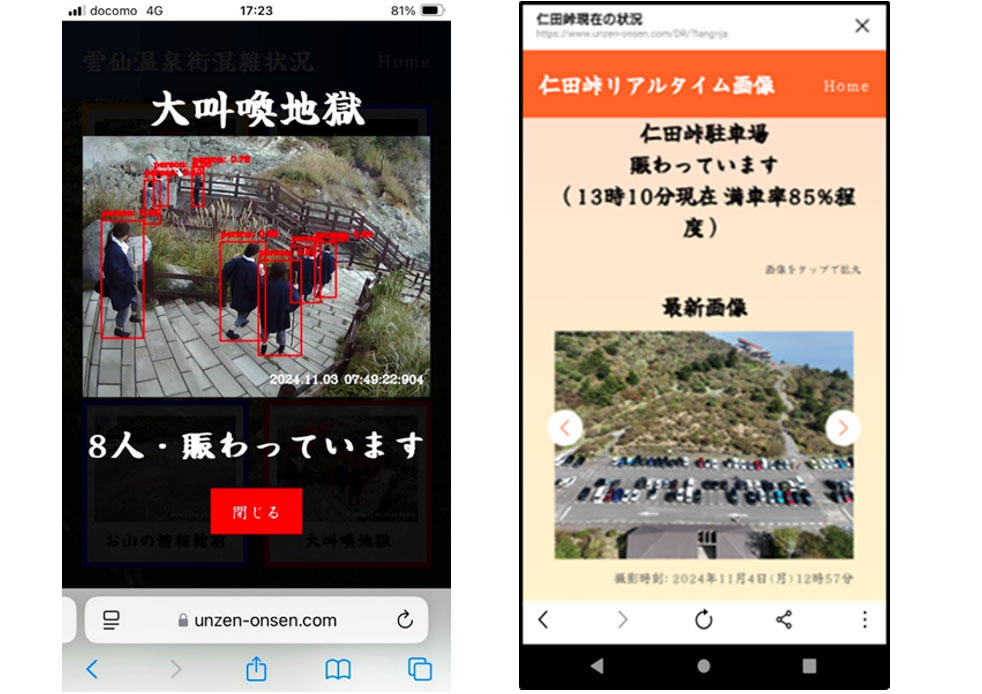 図1　観光スポットと駐車場の賑わい状況の配信画面