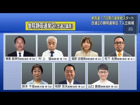 YouTube Video 参議院議員選挙が３日公示　２議席を争う静岡選挙区には現職２人と新人５人の合わせて７人が立候補