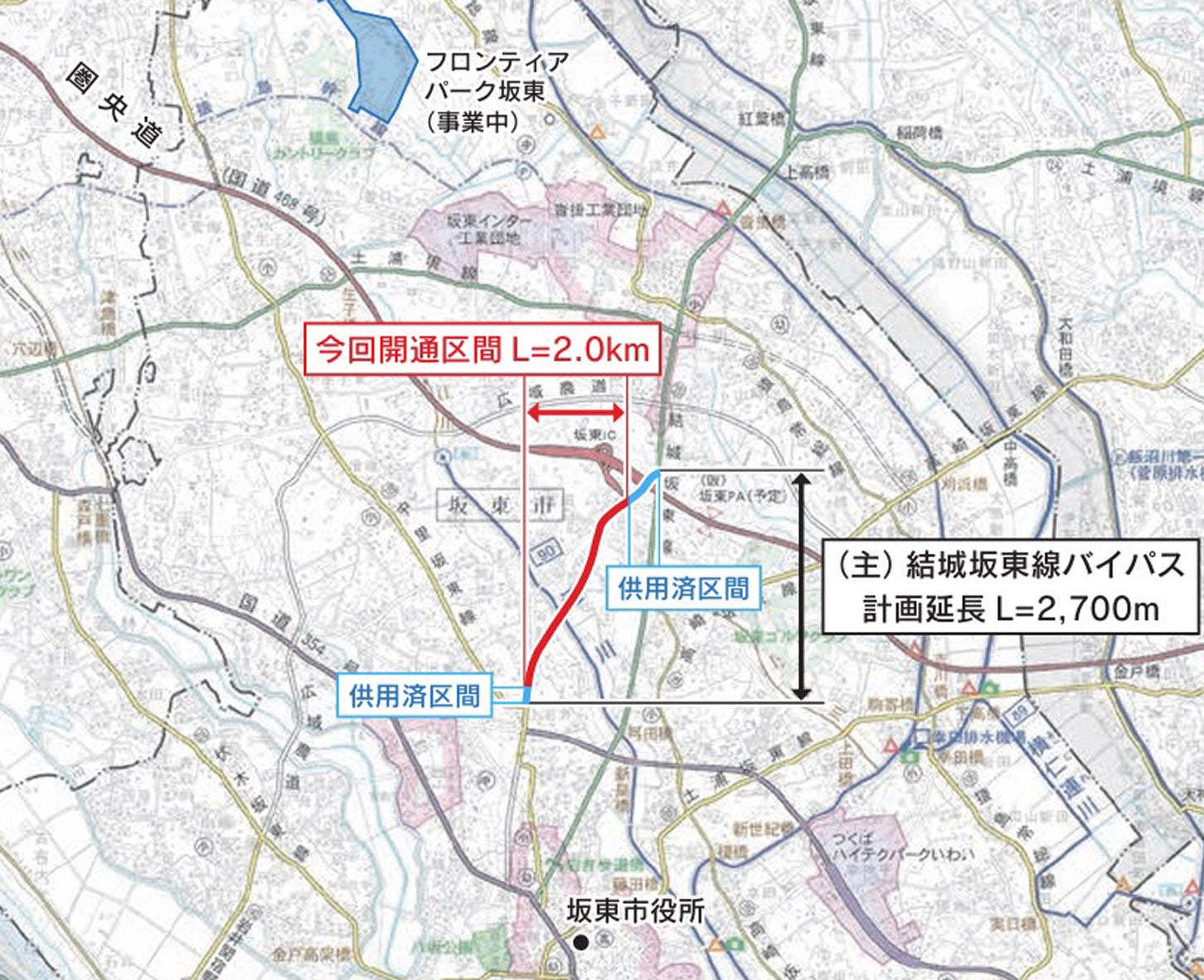 県道結城坂東線バイパスの位置図。